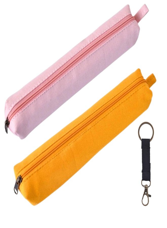 ليفي حقيبة أقلام صغيرة من القماش من Lify للبالغين والأولاد والبنات بتصميم أنيق رفيع، أدوات مدرسية وفنية، لون بني - عبوة من قطعتين (أصفر (قطعة واحدة) + وردي فاتح (قطعة واحدة)) - Image 1